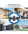 Heavy Duty Wireless Ptz Outdoor Security Camera Featuring No Sweat Setup With 15Mp Triple Lens Ai Human Tracking And Ip66 Weatherproof Shell showing multiple scenes of use including yard, store, garage.