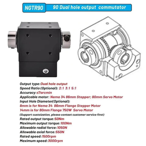 Right Angle Planetary Gearbox With Seven Arc Minute Precision Commutator For 80 Servo And Nema 34 Stepper Motors, shown with specs