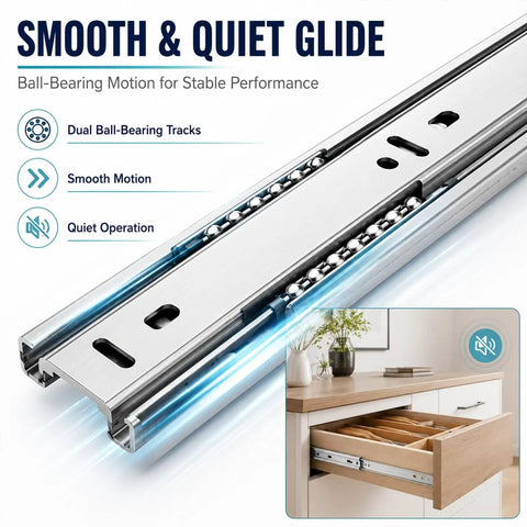 Heavy Duty Stainless Steel Drawer Slides 500 Lb Capacity Full Extension Rails Side Mount Industrial Grade Built To Haul Heavy Loads With Smooth Quiet Operation 2.5mm Steel Build, ball-bearing slide close-up