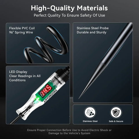 Digital Voltage Tester Pen For Cars And Trucks 3 To 48V With LED Readout Pro Grade Handheld Circuit Tester Battery Health Diagnostic Everyday Carry Ready Alternator And Fuse Checker Precise Zero Point One Volt Resolution, with 96" PVC coil and steel probe