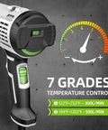 Hot Air Gun With Adjustable Temperature From 122F To 1202F, showing 7 grades temperature control, 1500W power tool for crafts DIY