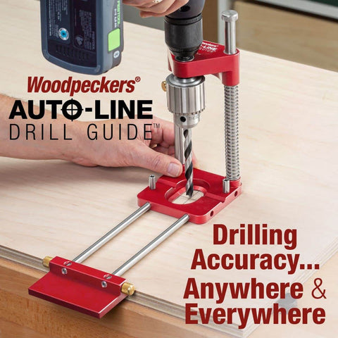 Auto Line Drill Guide Portable Drill Guide for Perpendicular Holes with laser centerlines on wood surface.