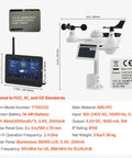 7 In 1 Wi Fi Solar Weather Station With 7 Inch Color Display and multiple sensors, dimensions and specifications shown.