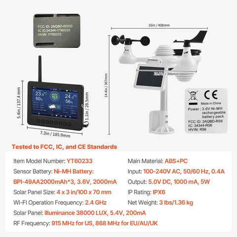 7 In 1 Wi Fi Solar Weather Station With 7 Inch Color Display and multiple sensors, dimensions and specifications shown.