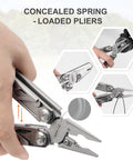 13 In 1 Multitool Pliers Kit With Safe Locking Carabiner And Sheath For Fishing And Camping Pro Pocket Tools shown with spring-loaded pliers.