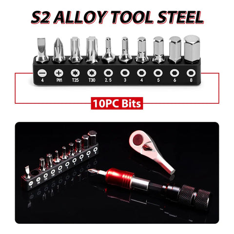 Bike Repair Tool Kit With Mini Pump And 10 Magnetic Bits Alloy Multitool displaying S2 steel bits and ratchet wrench.