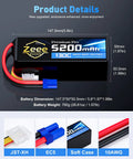 Race Ready 6S LiPo Battery 5200mAh 22.2V 130C Ultra Low IR Soft Pack With EC5 Connector, product dimensions and connectors
