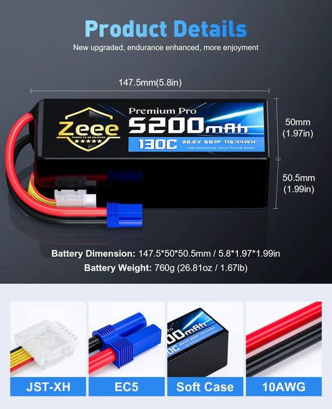 Race Ready 6S LiPo Battery 5200mAh 22.2V 130C Ultra Low IR Soft Pack With EC5 Connector, product dimensions and connectors