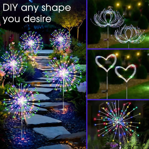 Outdoor Solar Garden Lights Waterproof 200 LED Twinkling Firework String Lights With 8 Modes illuminating a garden path at night