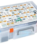 Beast Electronic Component Kit With 5228 Pieces in clear storage box with labeled diagram on top for DIY projects.