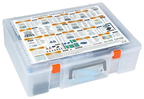 Beast Electronic Component Kit With 5228 Pieces in clear storage box with labeled diagram on top for DIY projects.