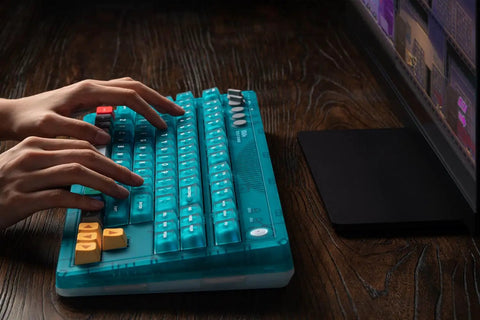 Retro 87 Key Wireless Mechanical Keyboard Hot Swap Silky Linear Switches with bright RGB lighting and clear blue finish.