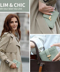 Woman holding Ultra Slim Women Wallet With RFID Blocking Bifold Soft Leather Card Holder with ID window and coin pocket in green.