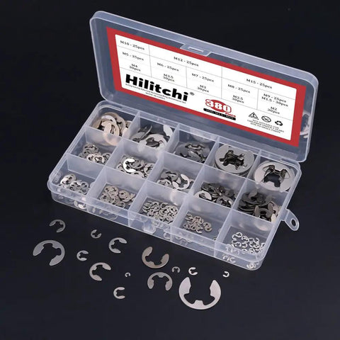 380 Piece E Clip Circlip External Retaining Ring Set In 14 Sizes 304 Stainless Steel Pro Grade Rust Resistant External Retaining Ring Kit For Machinery Automotive DIY Projects in a plastic organizer box