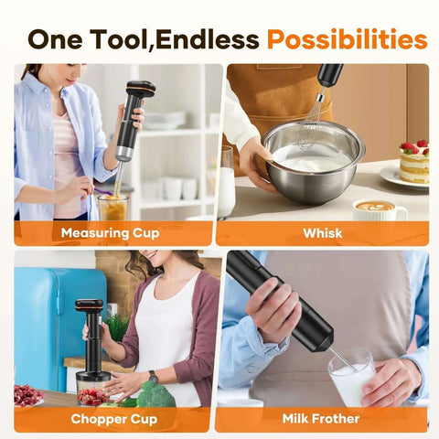 Cordless Immersion Blender With Removable 6000mAh Battery And Magnetic Fast Charging 5 In 1 Hand Mixer being used for whisking milk and chopping ingredients.