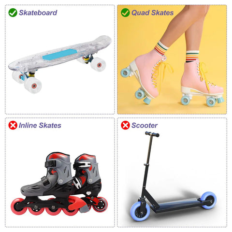 Comparison of skateboard, quad skates, inline skates, and scooter with light-up wheels for outdoor use.