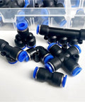 Huge 51 Piece Pneumatic Connector Kit With Quick Push Fit Fittings For 6mm OD Tubing That Lets You Connect Instantly No Tools Needed And Ensure Sealing Is Tight For All Your Air Line Projects. Black 6mm push fit pneumatic connectors with blue collets