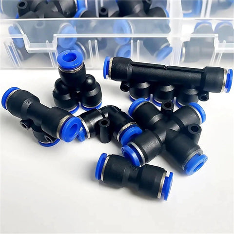 Huge 51 Piece Pneumatic Connector Kit With Quick Push Fit Fittings For 6mm OD Tubing That Lets You Connect Instantly No Tools Needed And Ensure Sealing Is Tight For All Your Air Line Projects. Black 6mm push fit pneumatic connectors with blue collets