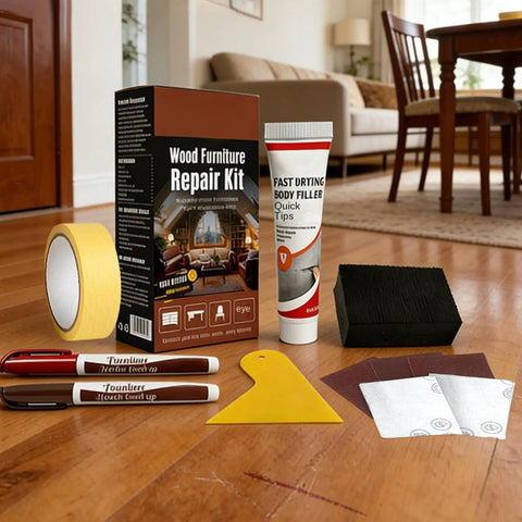 DIY Wood Floor Scratch Repair Kit With 25g Quick Fix Paint Pen For Furniture And Surfaces Seamless Color Match Filler Stick For Floors Baseboards Doors Tables Counters And More Home Use, including paint pen, filler tubes, scraper, sandpapers, and tape displayed on wood floor