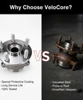 Comparison of VeloCore rear wheel hub bearing assembly with a rusty one. Features focus on coating, service life, and testing.