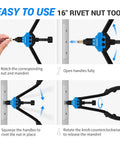 Steps to use Pro Grade Rivet Nut Tool Kit, 16 Inch Riveter With 15 Mandrels, 182 Rivet Nuts And Rugged Carrying Case