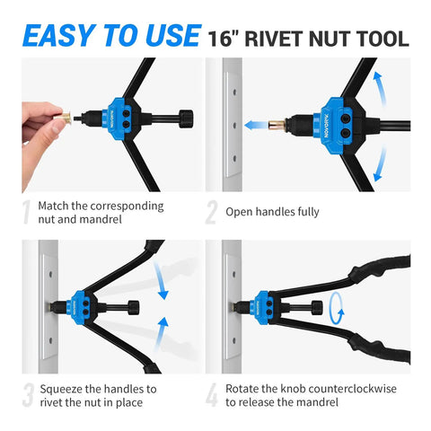 Steps to use Pro Grade Rivet Nut Tool Kit, 16 Inch Riveter With 15 Mandrels, 182 Rivet Nuts And Rugged Carrying Case