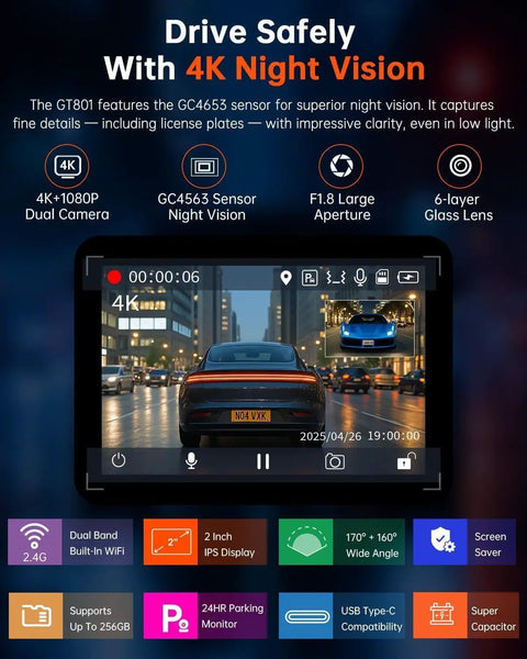 Dual 4K Front And Rear Dash Cam With 1080P Backup, highlights night vision and built-in WiFi GPS features on screen display.