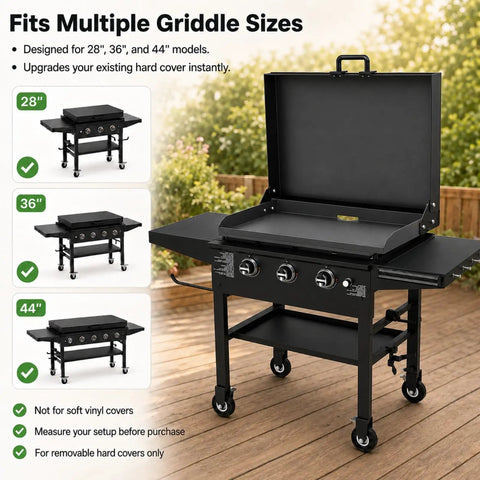 Premium Steel Hinge And Handle Kit Converts Removable Lids To Flip Up Covers Compatible With 28 36 44 Inch Outdoor Griddles shown on a griddle with a removable lid.