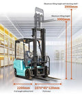 Top Rated Portable Electric Forklift Pallet Stacker With 4-Way Counterbalance Lift Truck shown with dimensions in a warehouse setting.