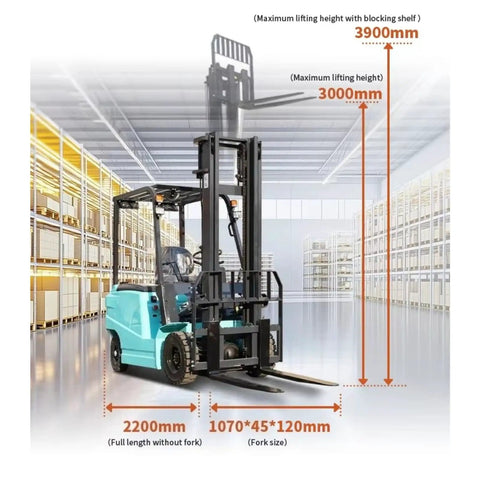 Top Rated Portable Electric Forklift Pallet Stacker With 4-Way Counterbalance Lift Truck shown with dimensions in a warehouse setting.