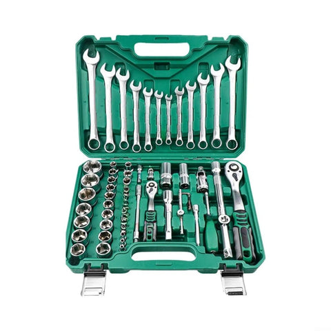 Grease Monkey Approved 61 Piece Socket Wrench Set Featuring Chrome Vanadium Steel Ratchet Tool Kit For Tight Spaces in green case.