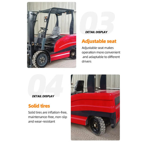 Electric 3 Ton Forklift With Multi Stage Mast For Warehouse Distribution Center And Container Yard Heavy Duty Material Handling Workhorse Lift Truck Designed For Manufacturing Facilities Efficient Cargo Transport And Safe Fast Lifting, red body with solid tires and adjustable seat