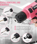 Close-up of pink 8V cordless drill with multiple bit options for wood, metal, and plastic, showing usage instructions