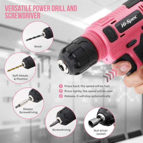 Close-up of pink 8V cordless drill with multiple bit options for wood, metal, and plastic, showing usage instructions