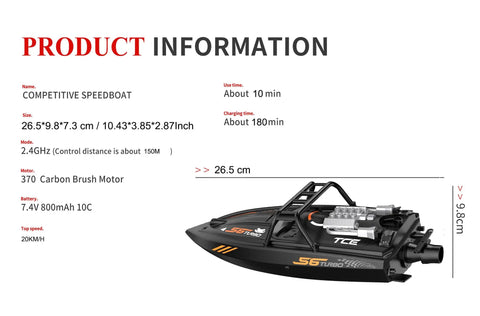 Diagram of Off Road Remote Control Jet Boat With Dual Batteries And 4 Channel LED Lights showing dimensions and specifications