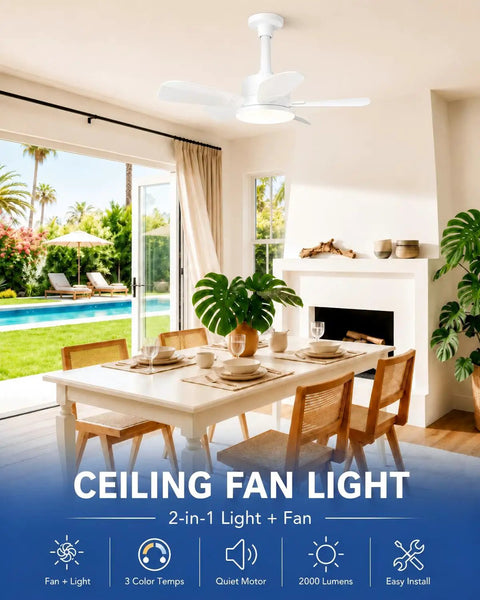 Upgraded 17 Inch Ceiling Fan With Integrated Light Kit And Wireless Remote Featuring Straight Up Quiet Dc Motor Reversible Airflow For Bedroom Kitchen Garage All Season Comfort in cozy dining area.