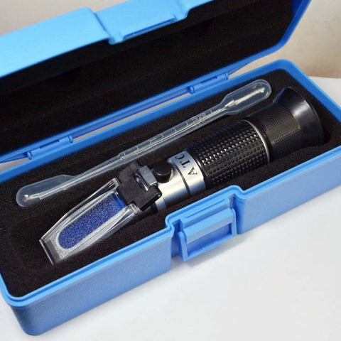3 In 1 Honey Refractometer With ATC For Honey Moisture Brix And Baume Readings 12 27 Percent Moisture 58 90 Percent Brix 38 43 Percent Baume For Honey Maple Syrup And Molasses Beekeeping Essential in blue case with dropper