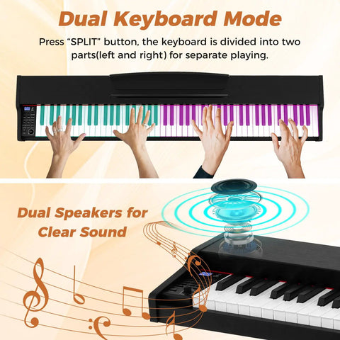 Portable 88 Keys Semi Weighted Electric Digital Piano with dual speakers and split keyboard for beginners, showcasing play and sound features