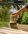 Cordless Palm Sander Tool Only Brushless Motor 5 Inch Random Orbital Sander Compatible With 20v Batteries Packs shown in use on wood.