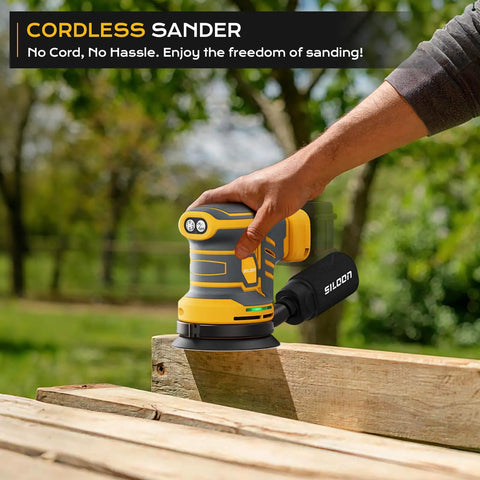 Cordless Palm Sander Tool Only Brushless Motor 5 Inch Random Orbital Sander Compatible With 20v Batteries Packs shown in use on wood.