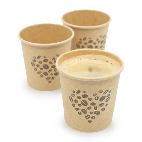 4 Oz Espresso Cups 100 Pack Kraft Disposable Paper Cups For Home Office Or Party, three cups with coffee design