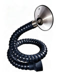 Tough Build Dust Collection Arm With Bendy 360 Degree Swivel Hose For Crowded Shop Welding Smoke Removal And No Sweat Air Filtration Up To Twenty Feet Long, grey flexible hose with stainless hood.