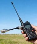 Hand holding radio with 4 Type BNC to UHF Adapter Kit Gender Changer Set, featuring BNC male to UHF female connector attached