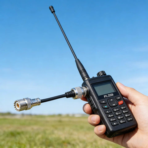 Hand holding radio with 4 Type BNC to UHF Adapter Kit Gender Changer Set, featuring BNC male to UHF female connector attached