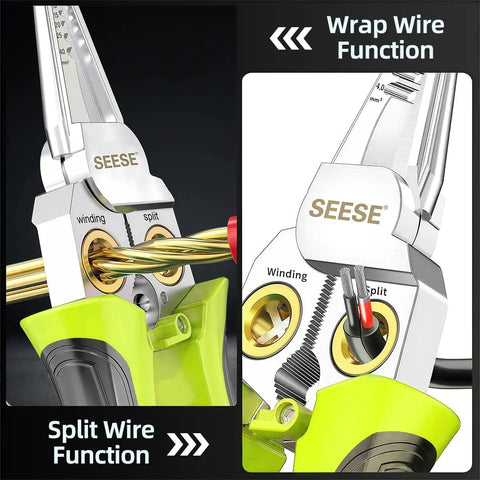 8-In-1 Wire Stripper And Crimping Pliers With Voltage Tester And Dual Alarms, Needle Nose Electrical Pliers For Cutting, Pulling, And Crimping Wires, A Handy Electrician Tool For DIY Pros, split wire and wrap wire functions shown