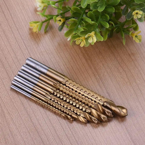 Heavy Duty Titanium Coated HSS Drill Bit Set 3-8mm With Serrated Bits on wooden surface with green plant