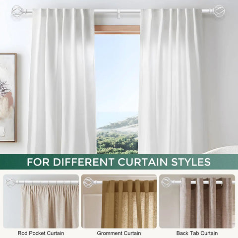 White Curtain Rod 36-88 Inch Adjustable Heavy Duty Metal Rod With Twisted Cage Finials For Living Room Bedroom And Kitchen Windows Modern Farmhouse Style Built Tough Durable Window Treatment shown with various curtain styles.
