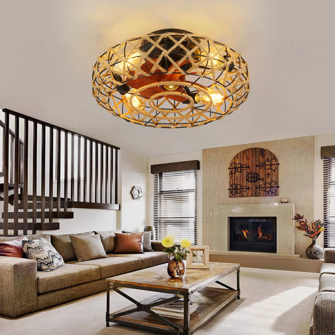 21 Inch Caged Farmhouse Ceiling Fan With Lights Remote Control, Flush Mount Low Profile Design in stylish living room setting
