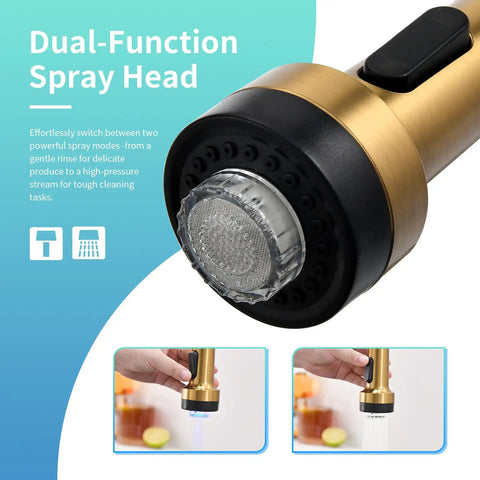 Gold Kitchen Faucet With Pull Down Sprayer, dual-function spray head, detailed view, stainless steel, LED Temperature Indicator
