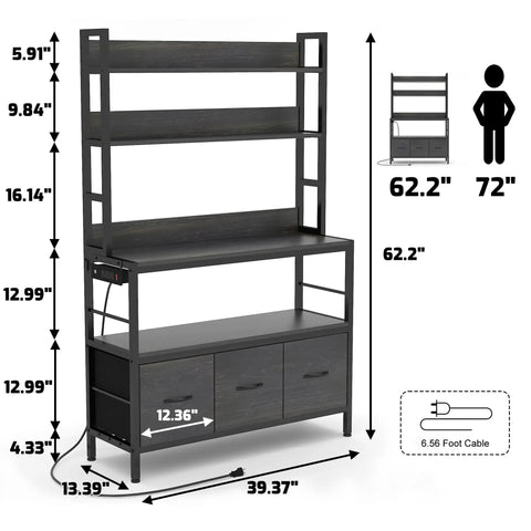 Hella Sturdy Five Tier Kitchen Bakers Rack With Built In Power Outlets And Usb Charging Ports, Industrial Metal Storage Shelf With Baskets And Hooks A Serious Game Changer For Countertop Setup Black